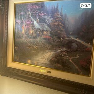 Thomas Kinkade Cottage Scene with Pink and Blue Hues